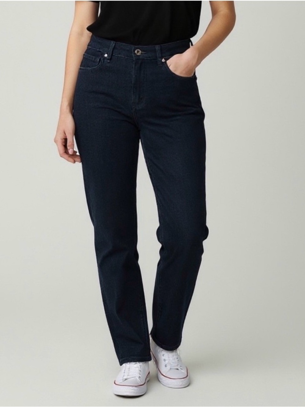 EUC Good American Always Fits Dark Wash Straight Leg Jeans Mid Rise